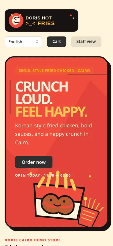 Guest ordering page on a phone, showing the menu with dish photos